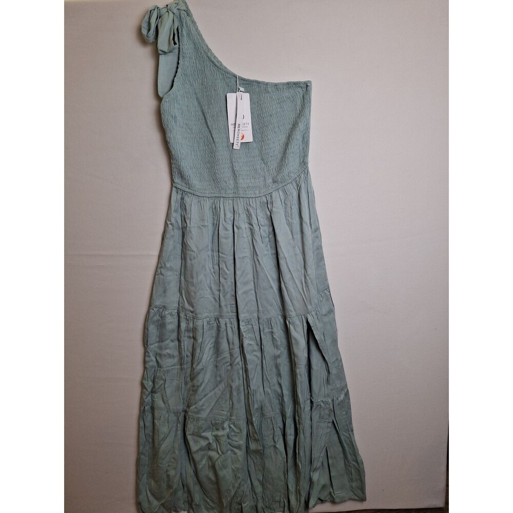 MEROKEE Women's One shoulder Smocked Tiered Maxi Dress Sage Green Size S NWT